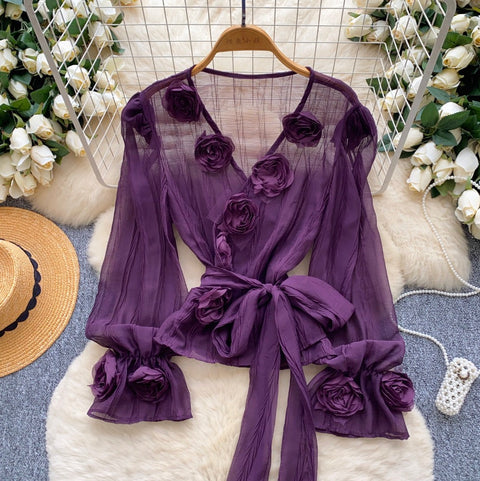 V-neck Flared Sleeve Mesh Shirt