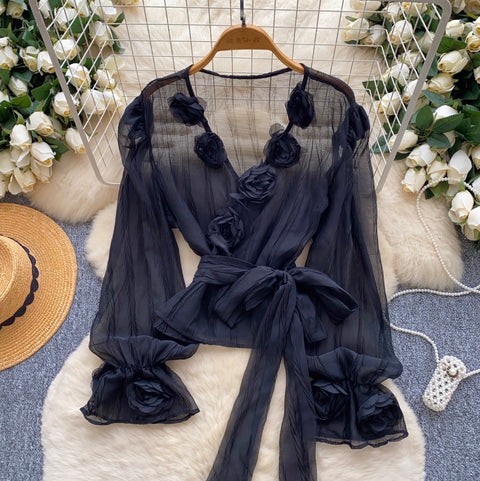 V-neck Flared Sleeve Mesh Shirt
