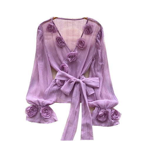 V-neck Flared Sleeve Mesh Shirt