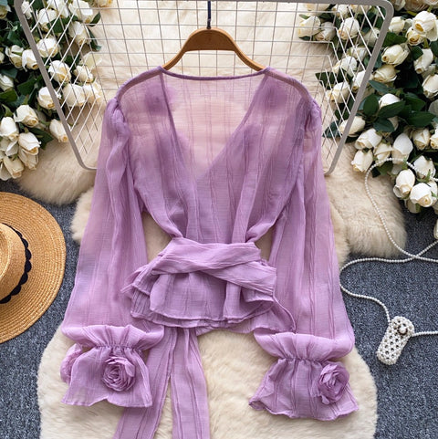 V-neck Flared Sleeve Mesh Shirt