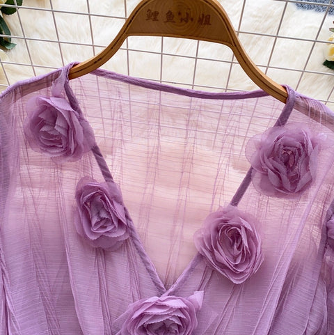 V-neck Flared Sleeve Mesh Shirt