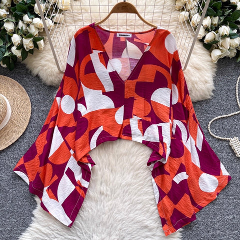 Niche Deep V-neck Printed Shirt