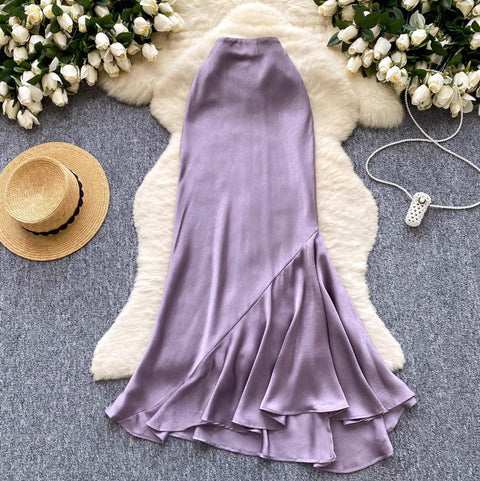 Irregular Design Purple Satin Skirt