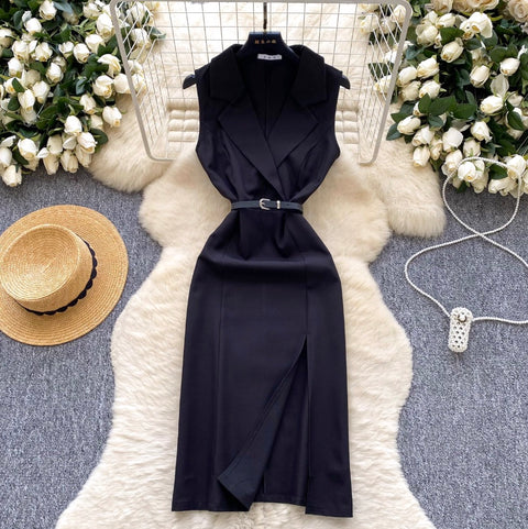 Suit Collar Black Dress with Belt