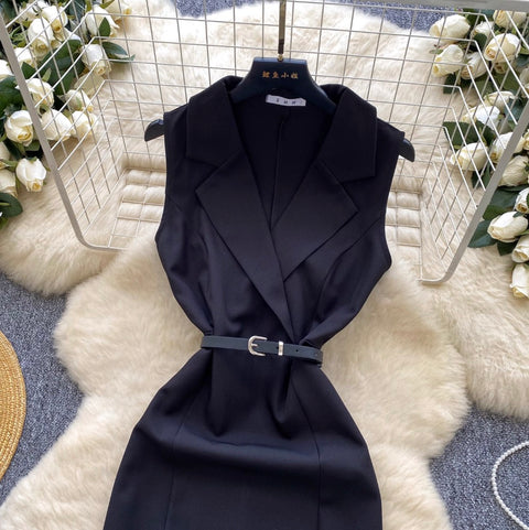 Suit Collar Black Dress with Belt