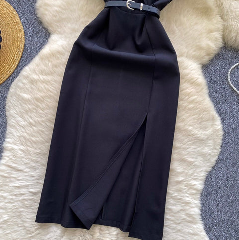 Suit Collar Black Dress with Belt