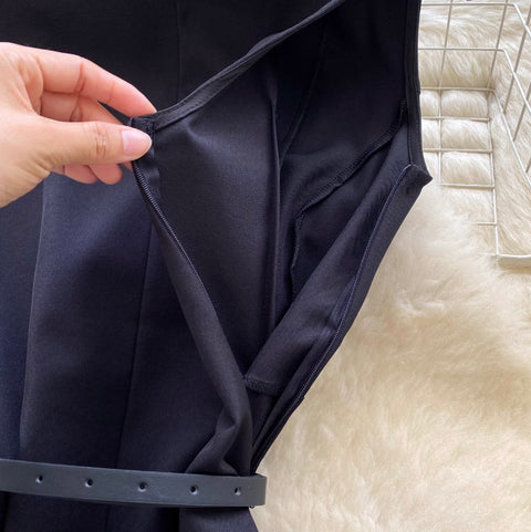 Suit Collar Black Dress with Belt