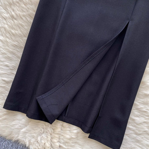 Suit Collar Black Dress with Belt