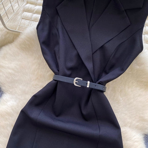 Suit Collar Black Dress with Belt