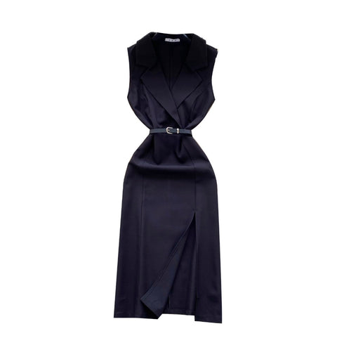 Suit Collar Black Dress with Belt