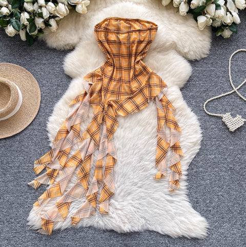 Chic Off-shoulder Asymmetric Plaid Top