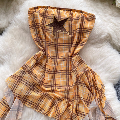 Chic Off-shoulder Asymmetric Plaid Top