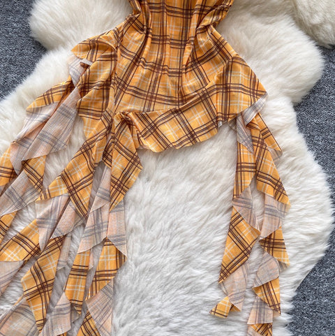 Chic Off-shoulder Asymmetric Plaid Top