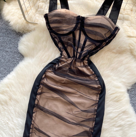Sexy Pleated Black Mesh Dress