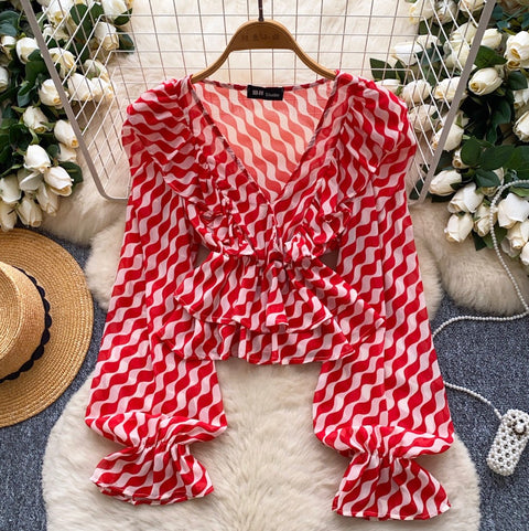 Cross V-neck Pattern Printed Top