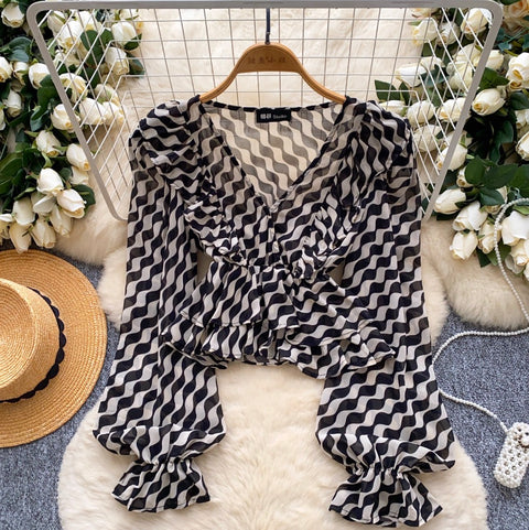 Cross V-neck Pattern Printed Top