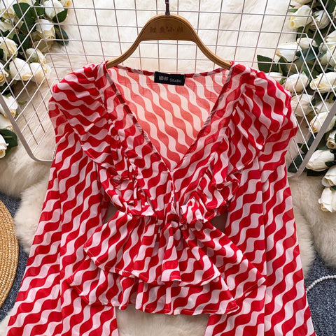 Cross V-neck Pattern Printed Top