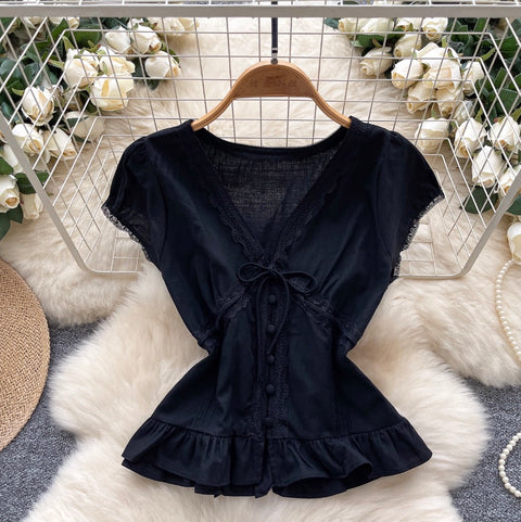 Sweetie V-neck Lace Trim Shirt