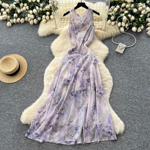Draped Neckline Floral Chiffon Dress