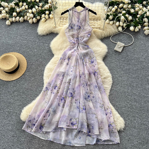 Draped Neckline Floral Chiffon Dress