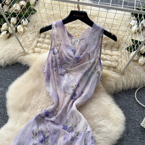 Draped Neckline Floral Chiffon Dress