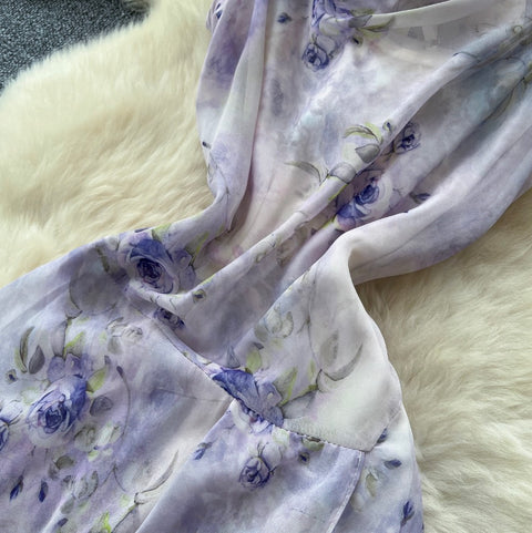 Draped Neckline Floral Chiffon Dress