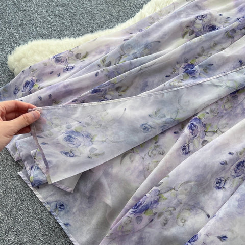 Draped Neckline Floral Chiffon Dress