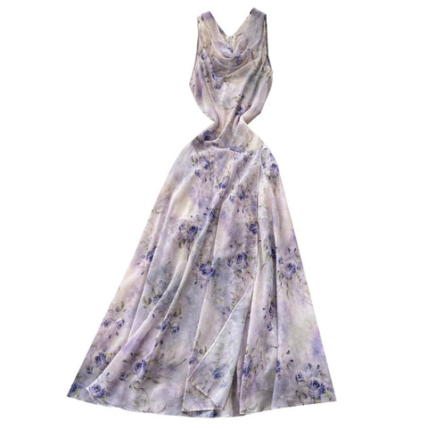 Draped Neckline Floral Chiffon Dress
