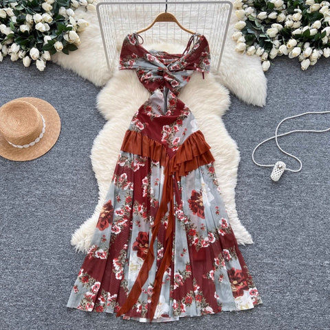 Knotted Floral Printed Ruffled Dress