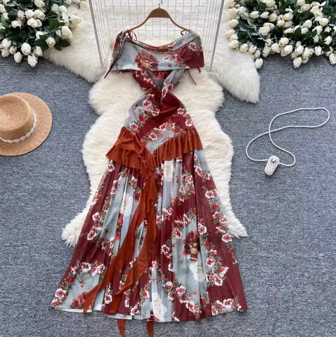 Knotted Floral Printed Ruffled Dress