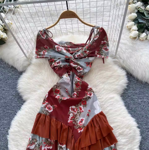 Knotted Floral Printed Ruffled Dress