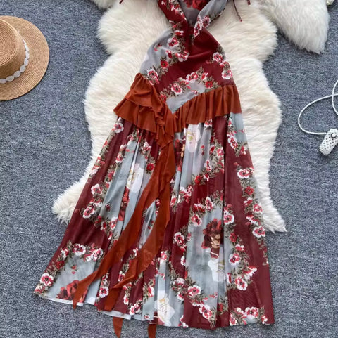 Knotted Floral Printed Ruffled Dress
