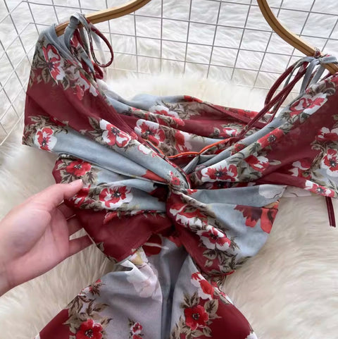 Knotted Floral Printed Ruffled Dress