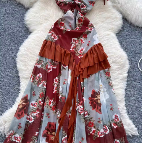 Knotted Floral Printed Ruffled Dress
