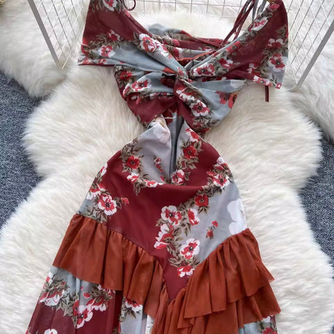 Knotted Floral Printed Ruffled Dress