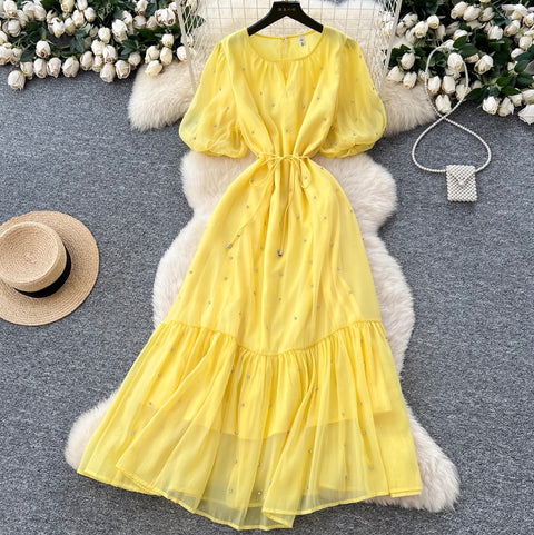 Round Collar Rhinestone Studded Mesh Dress