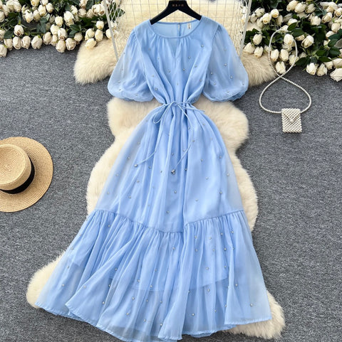 Round Collar Rhinestone Studded Mesh Dress