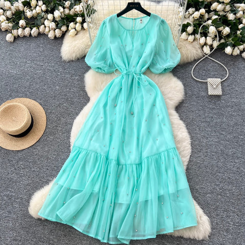 Round Collar Rhinestone Studded Mesh Dress