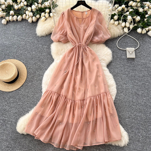 Round Collar Rhinestone Studded Mesh Dress
