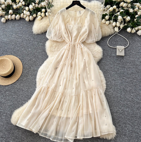 Round Collar Rhinestone Studded Mesh Dress