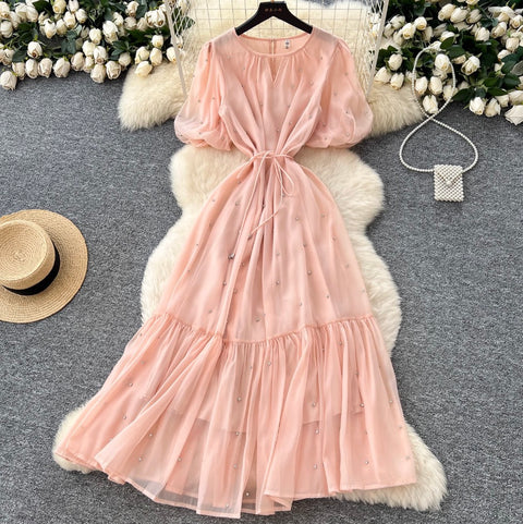 Round Collar Rhinestone Studded Mesh Dress