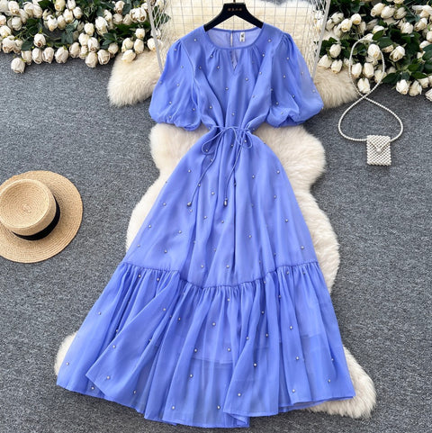 Round Collar Rhinestone Studded Mesh Dress