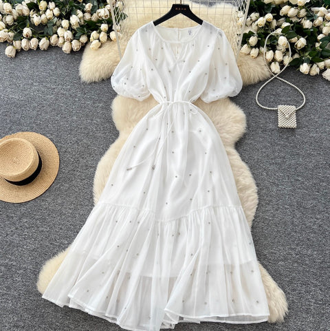 Round Collar Rhinestone Studded Mesh Dress