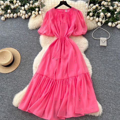 Round Collar Rhinestone Studded Mesh Dress