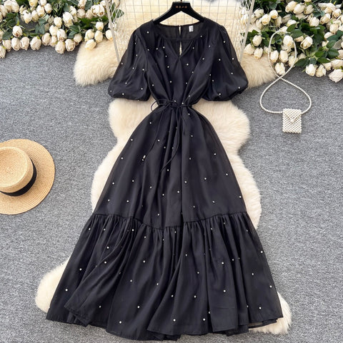 Round Collar Rhinestone Studded Mesh Dress