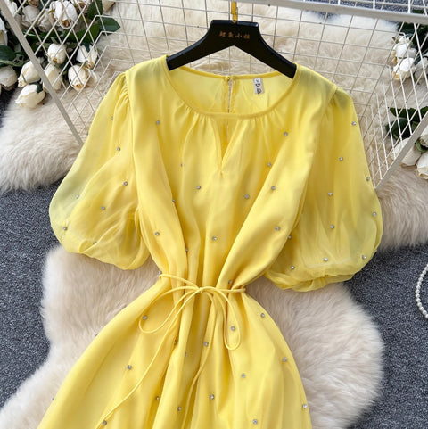 Round Collar Rhinestone Studded Mesh Dress