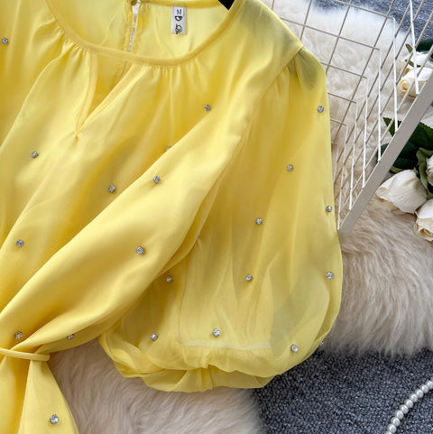 Round Collar Rhinestone Studded Mesh Dress