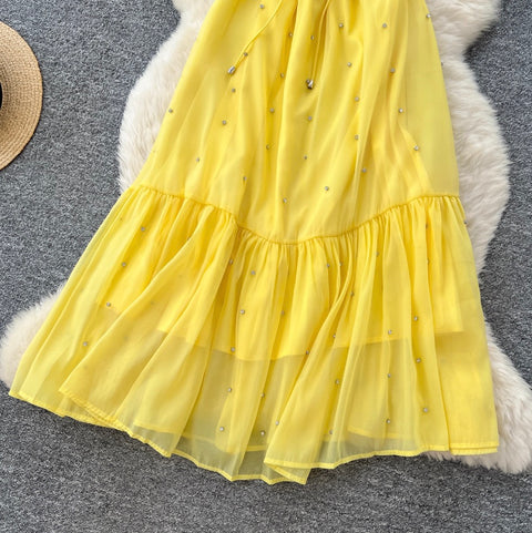 Round Collar Rhinestone Studded Mesh Dress
