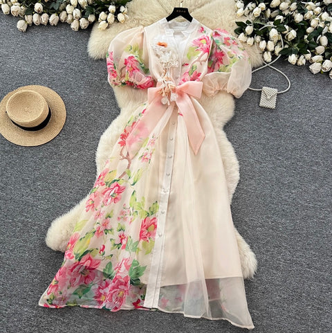 3D Floral Lace-up Mesh Dress