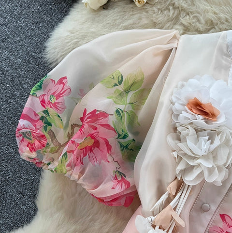 3D Floral Lace-up Mesh Dress